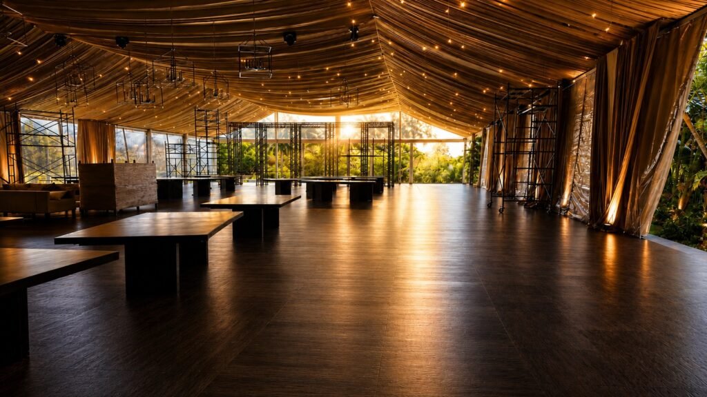 Luxury destination wedding venue during setup in Costa Rica, illustrating a real temporary mission-critical communication deployment before the event begins.