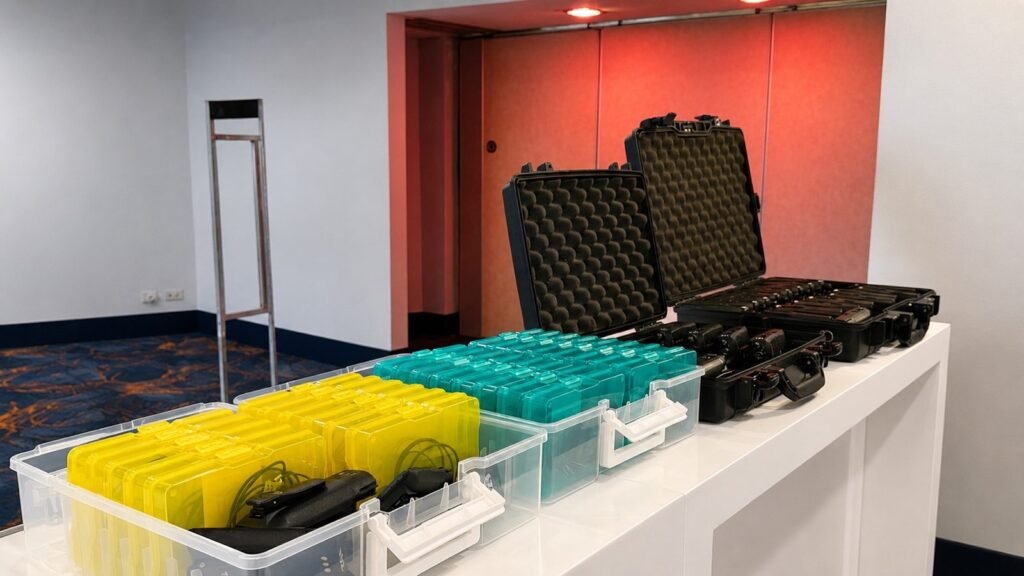 Professional Motorola communication equipment organized and prepared for deployment during temporary mission-critical communication operations in Costa Rica.