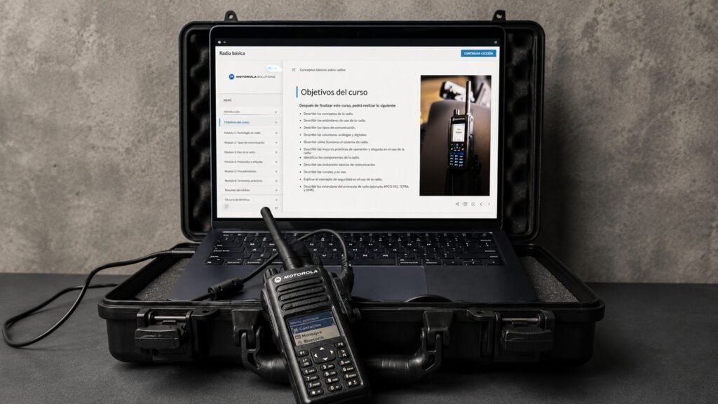 Professional Motorola radio programming workstation featuring a rugged protective case, laptop running Motorola Learning and professional handheld radio used for temporary mission-critical communication systems in Costa Rica.