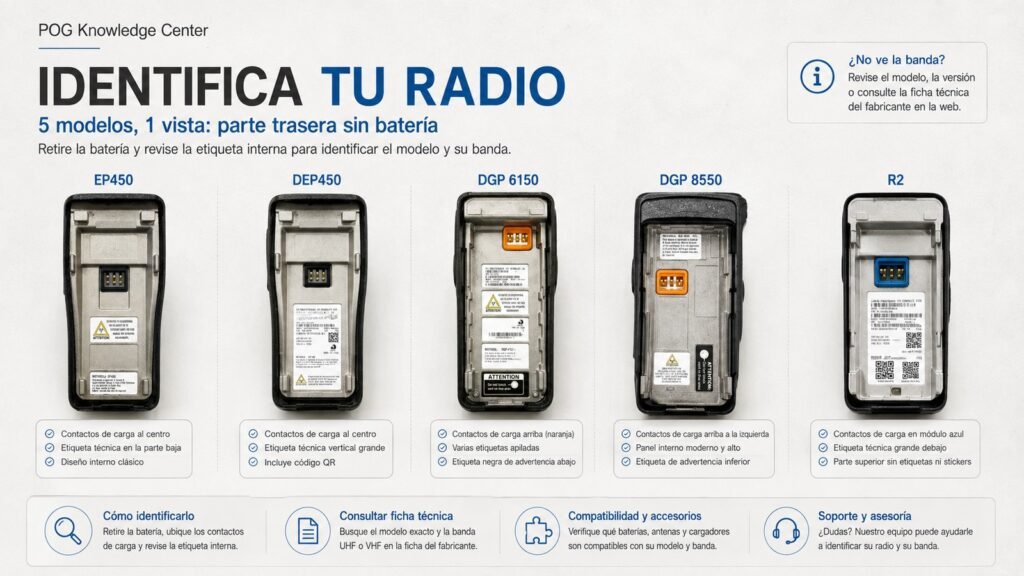 POG Knowledge Center compara cinco radios portátiles sin batería — EP450, DEP450, DGP 6150, DGP 8550 y R2 — para mostrar dónde revisar contactos de carga y etiquetas internas con modelo, versión y datos que ayudan a identificar la banda UHF o VHF.
