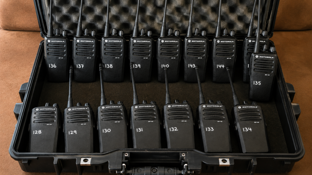 Real deployment-ready Motorola DEP450 professional radios prepared for temporary mission-critical communication systems supporting events, productions, logistics and hospitality operations throughout Costa Rica.