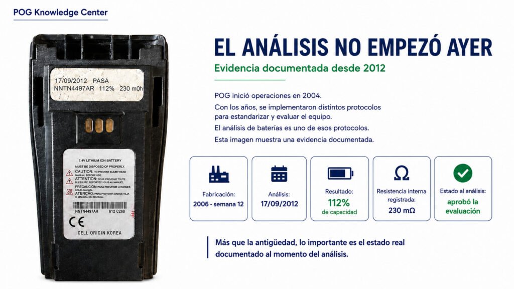 Batería Motorola NNTN4497AR fabricada en 2006, semana 12, con análisis documentado el 17 de septiembre de 2012 que registró 112% de capacidad y 230 mΩ de resistencia interna, presentada por POG Knowledge Center como evidencia histórica de sus protocolos de evaluación de equipos.