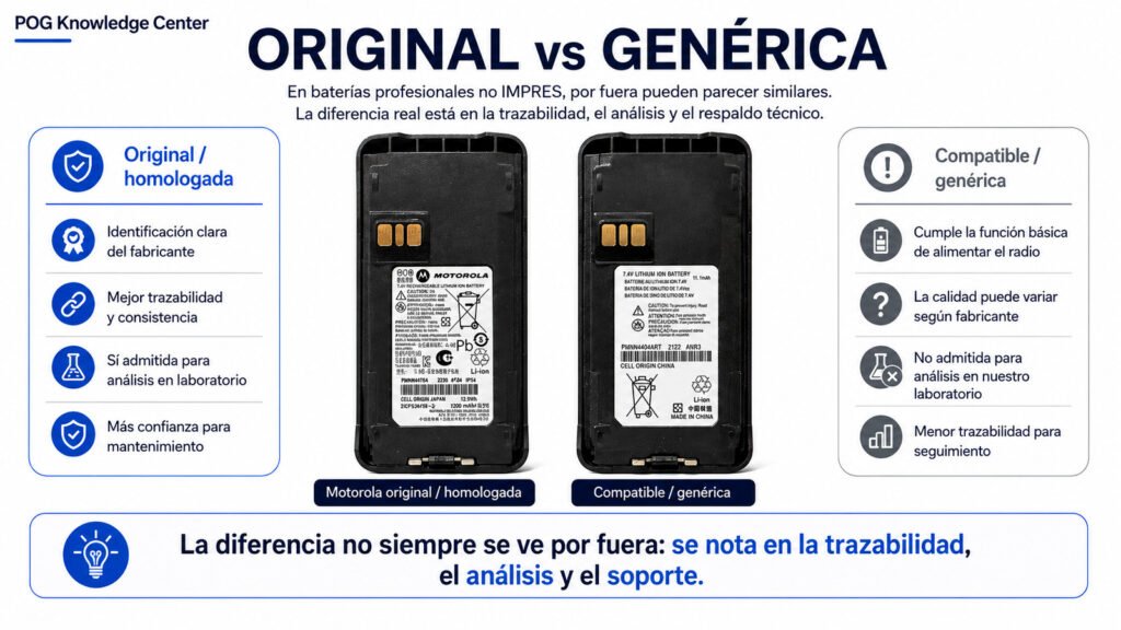 Comparativa de batería original Motorola y batería genérica compatible para radio profesional, mostrando diferencias de trazabilidad y análisis técnico