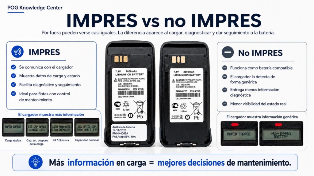 Comparativa real de dos baterías para radios Motorola DGP 4150 y DGP 6150: una batería IMPRES y una batería no IMPRES, mostrando que pueden tener prácticamente el mismo formato físico pero distinta capacidad de gestión, diagnóstico y comunicación con cargadores IMPRES.