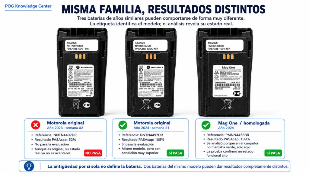 Baterías para radios profesionales Motorola con diferentes resultados de capacidad después del análisis